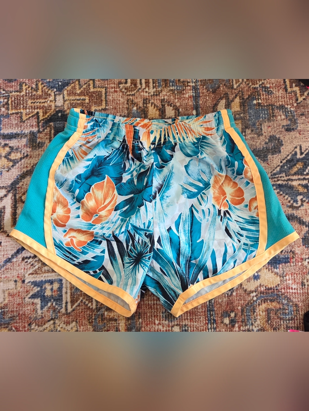 Nike Girl's Dri-Fit Tropical Print Running Shorts - Teal & Orange